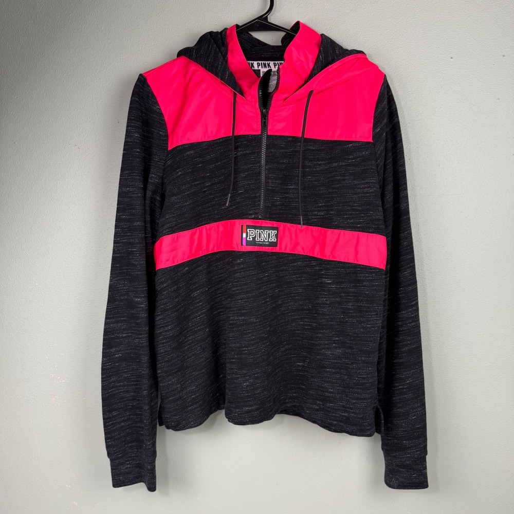 Victoria's Secret PINK‎ Half-Zip Hoodie Neon Pink Black Marled Logo Large